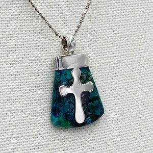 Vintage Chrysocolla Pendant Necklace Sterling Silver Cross Pendant Necklace